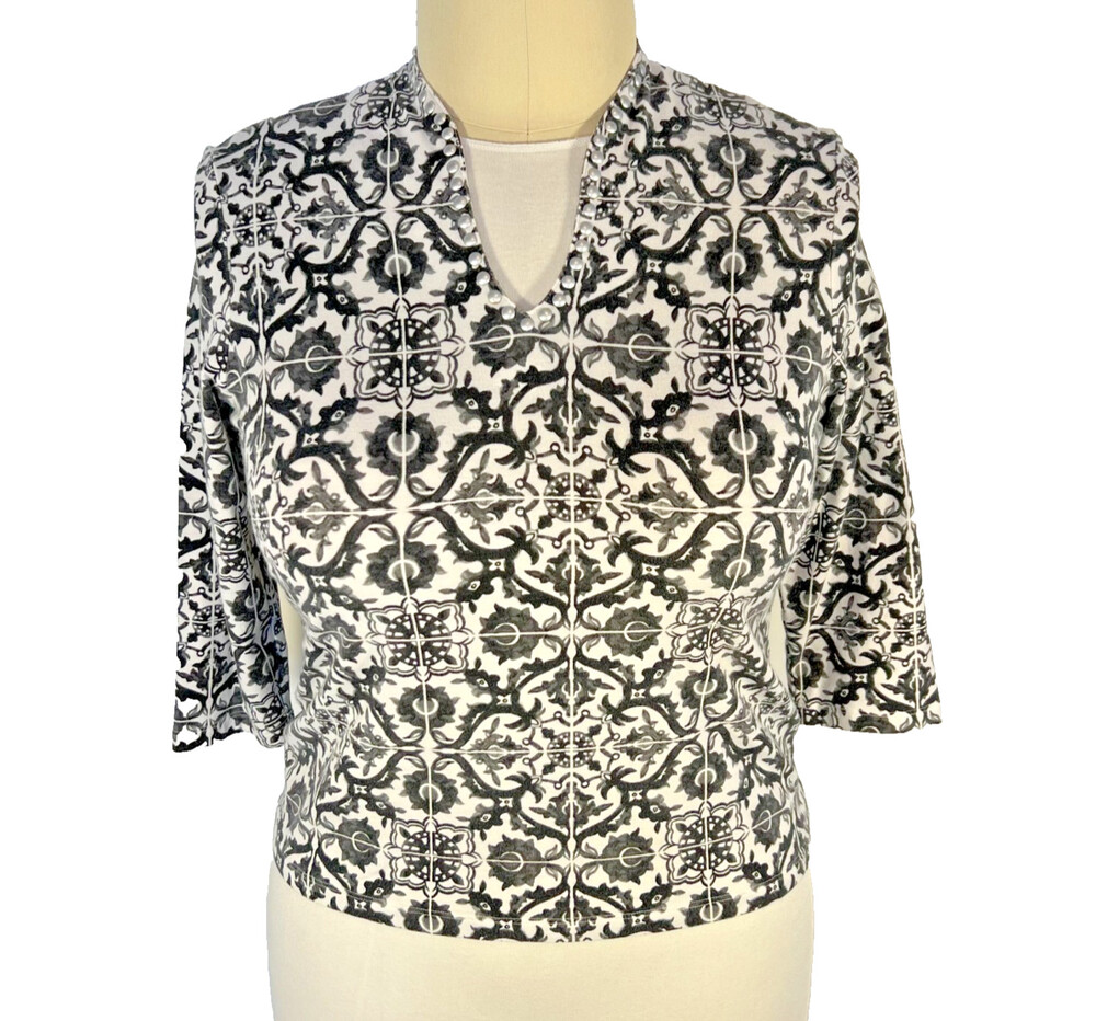 Ruby Rd. - Women's L Petite Knit Top Greek Tile Print 3/4 Sleeve Beaded V-Neck